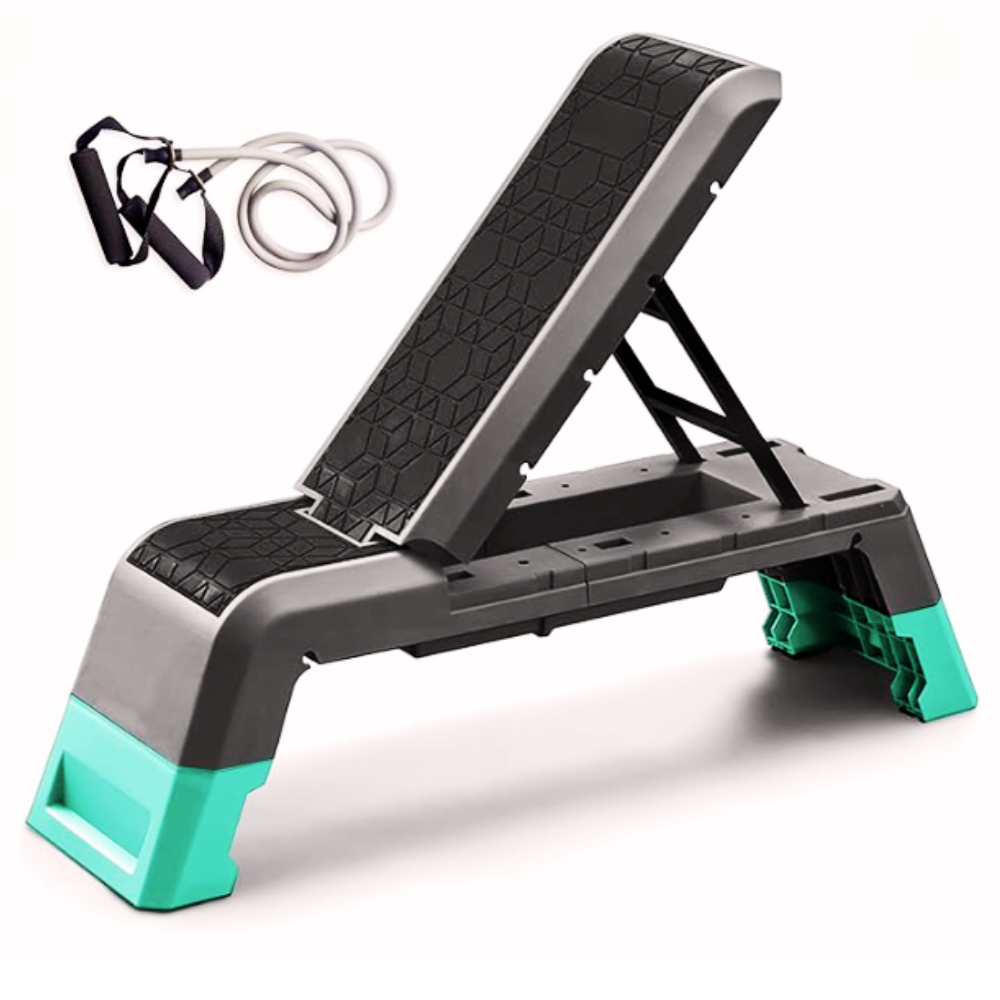 Home gym adjustable weight bench for strength training, core workouts, and resistance band exercises.